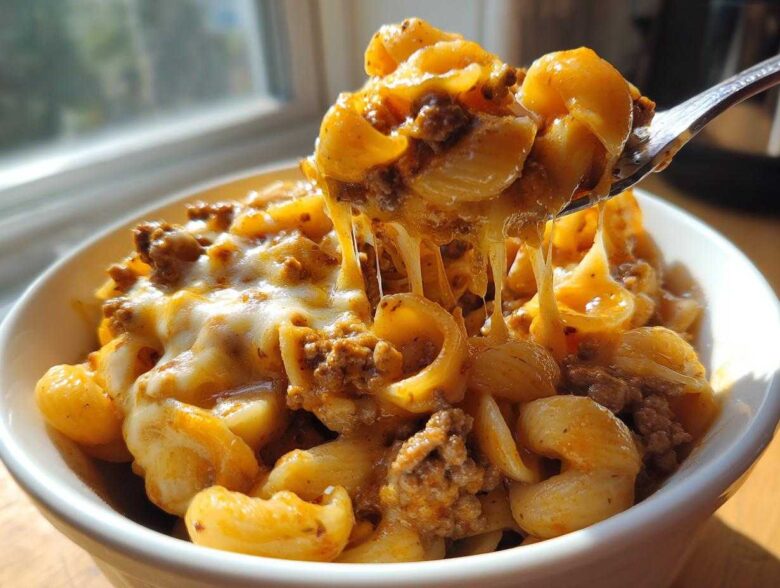 Close-up of Cheesy Ground Beef Pasta being lifted by a fork, showing long cheese pulls.