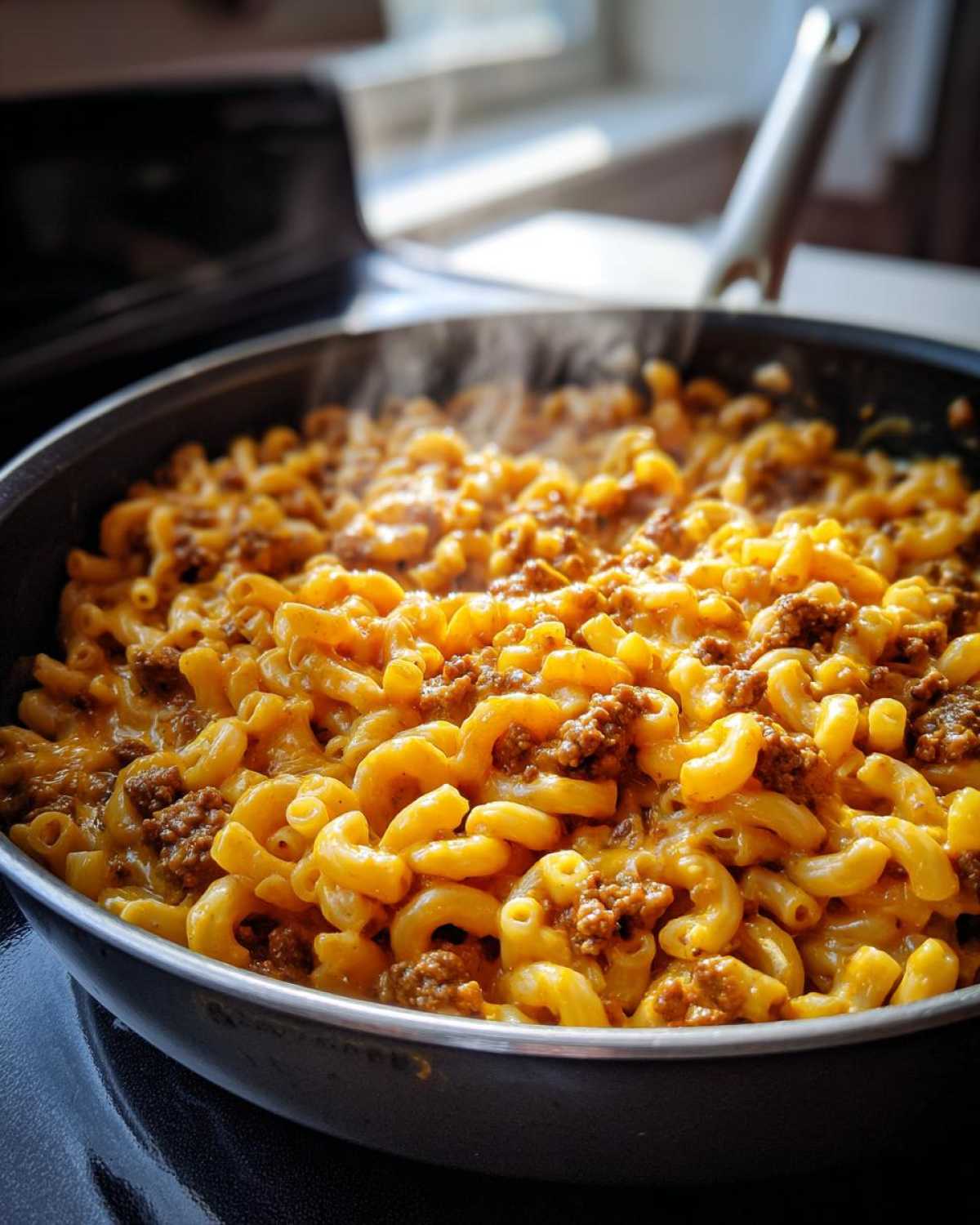 Close-up of steaming Cheesy Ground Beef Pasta Skillet Comfort Food made with elbow macaroni and rich cheese sauce.