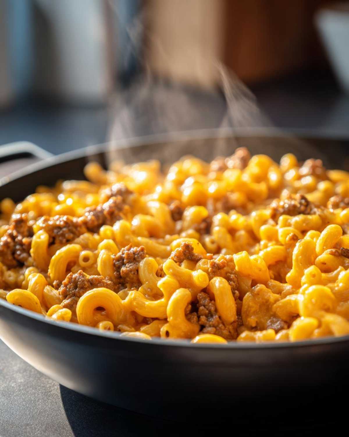 Close-up of steaming Cheesy Ground Beef Pasta Skillet Comfort Food made with elbow macaroni and ground beef in a dark skillet.