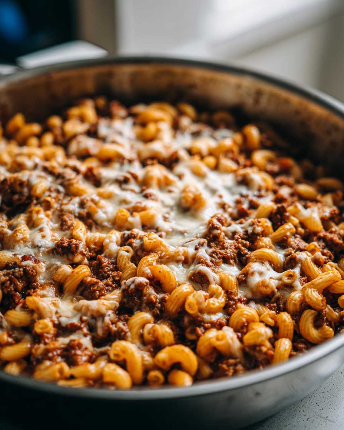 Close-up of Cheesy Ground Beef Pasta Skillet with elbow macaroni mixed with rich sauce and topped with melted mozzarella cheese in a metal skillet.