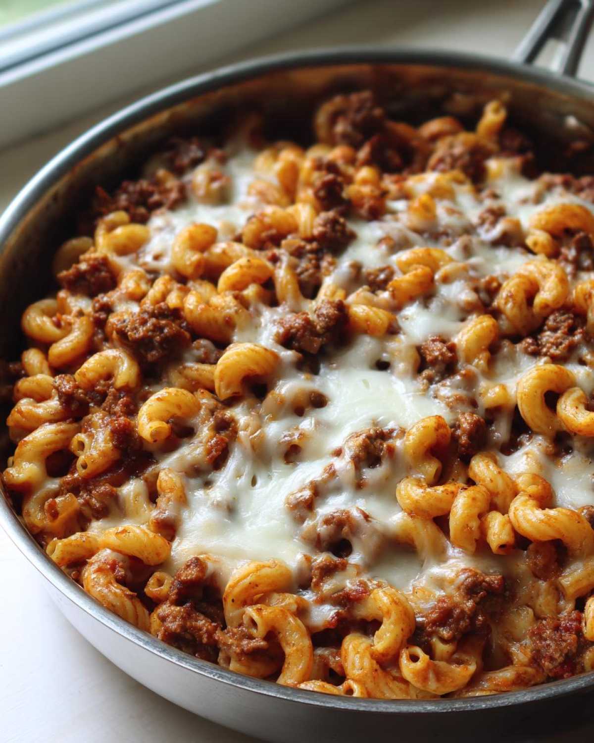 Close-up of Cheesy Ground Beef Pasta Skillet with melted mozzarella cheese bubbling over elbow macaroni and meat sauce.
