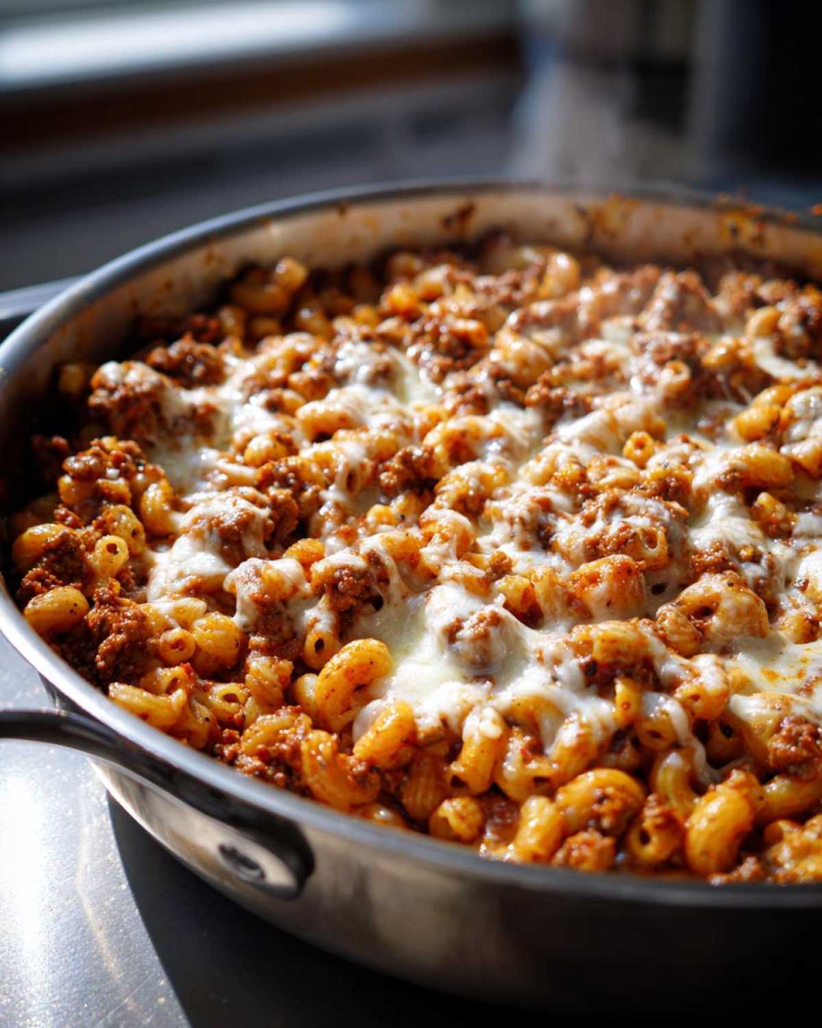 Close-up of a hot Cheesy Ground Beef Pasta Skillet topped with melted mozzarella cheese in a stainless steel pan.