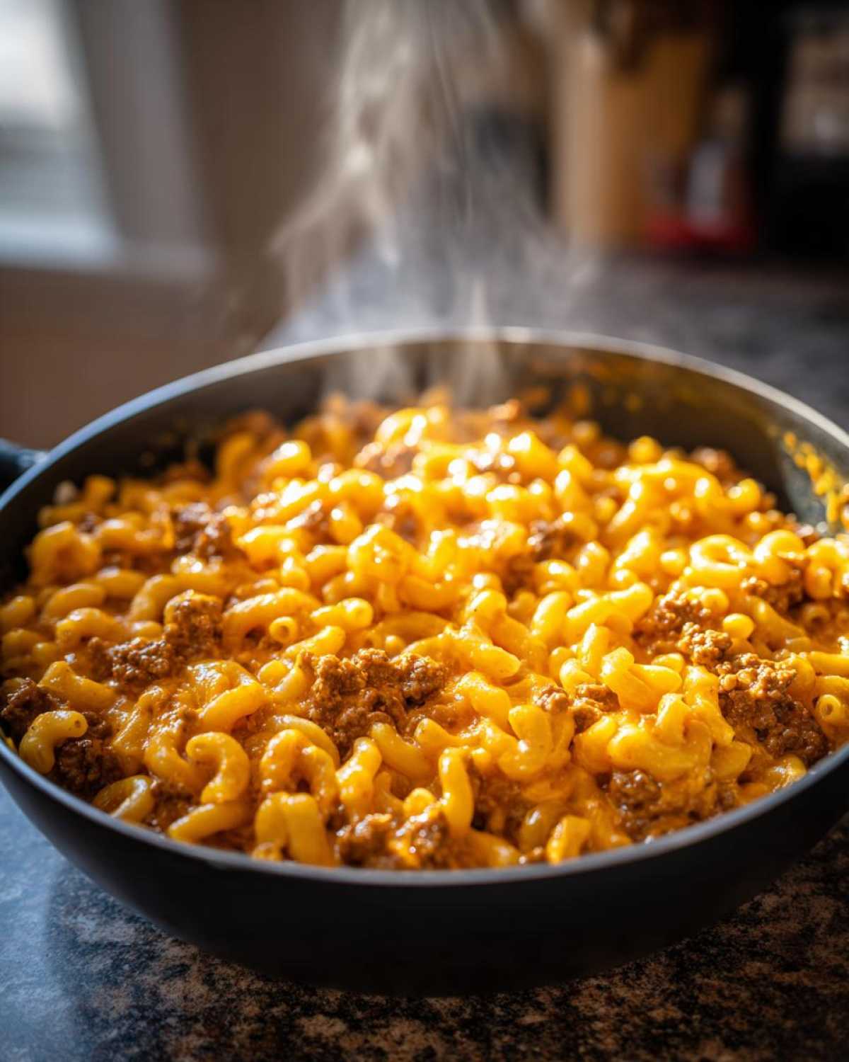 Close-up of a hot, steaming Cheesy Ground Beef Pasta Skillet Comfort Food made with elbow macaroni and seasoned ground beef.