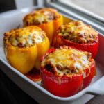Four baked Cheesy Ground Beef Stuffed Peppers, two red and two yellow, topped with melted golden cheese in a white baking dish.