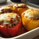 Four baked Cheesy Ground Beef Stuffed Peppers, topped with melted, browned cheese, in a baking dish.