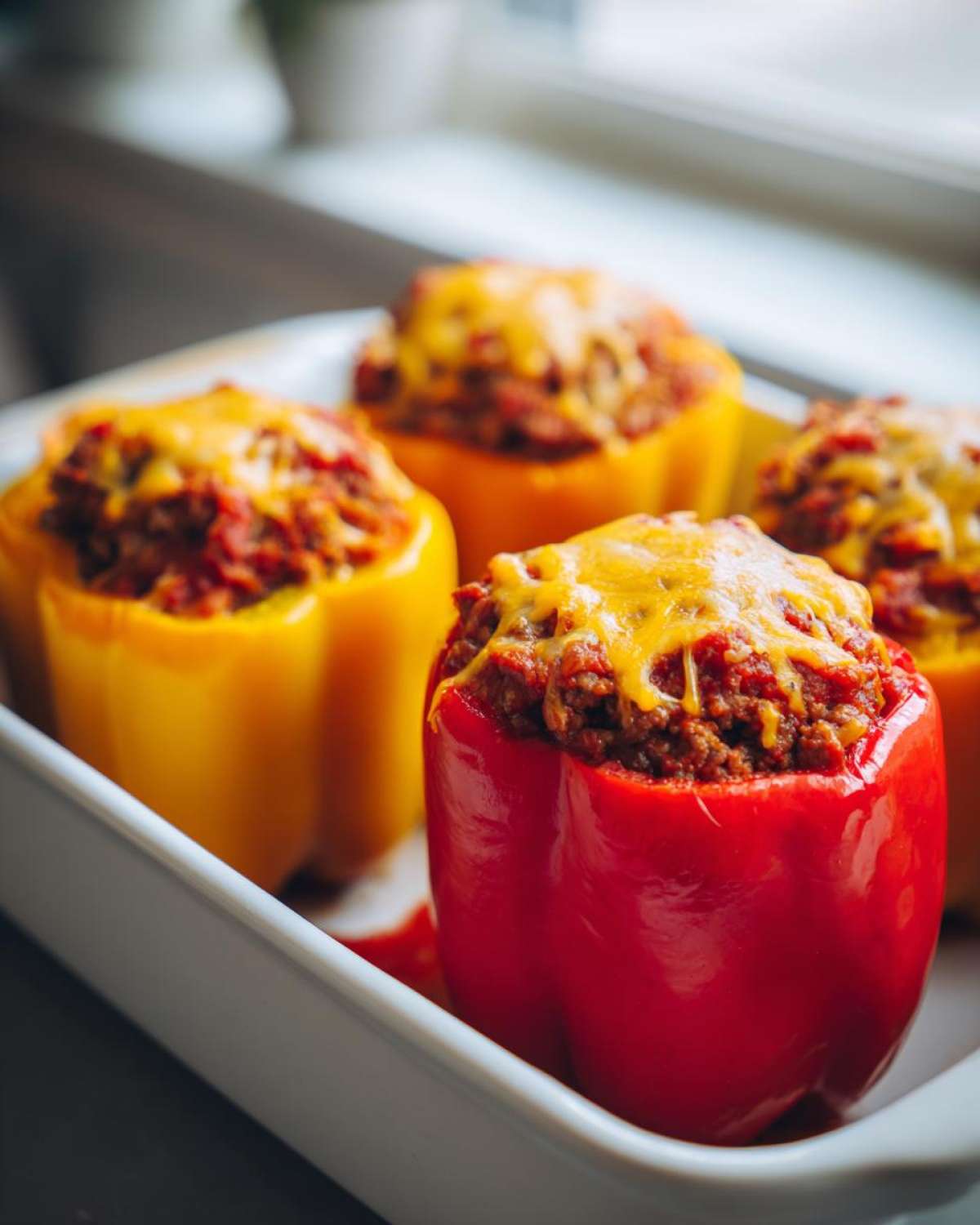 Four colorful bell peppers stuffed with ground beef mixture and topped with melted cheese, ready for the Cheesy Ground Beef Stuffed Peppers Easy Bake.