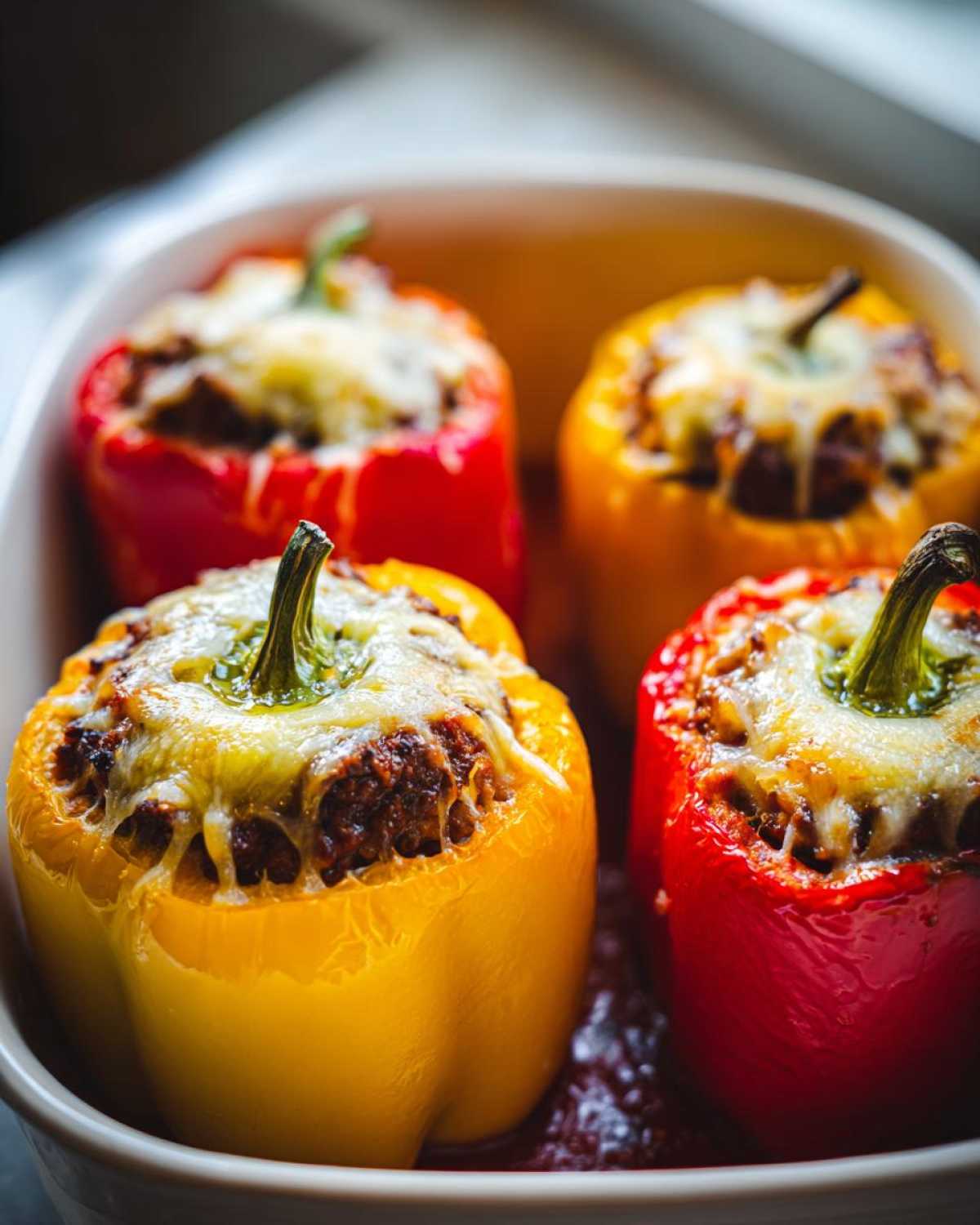 Four vibrant bell peppers stuffed with ground beef and topped with melted cheese, ready for the Cheesy Ground Beef Stuffed Peppers Easy Bake.