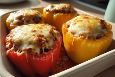 Four baked Cheesy Ground Beef Stuffed Peppers, topped with melted, browned cheese, in a baking dish.
