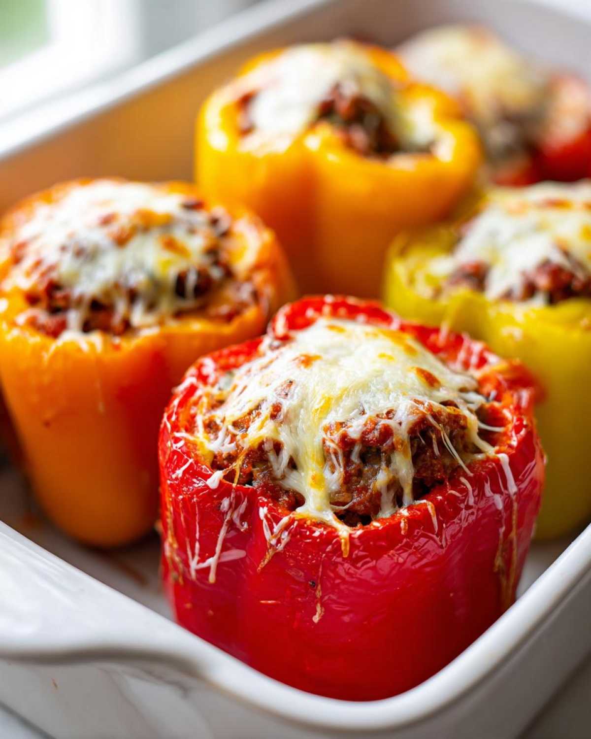 Close-up of baked Cheesy Ground Beef Stuffed Peppers in a white baking dish, topped with melted cheese.