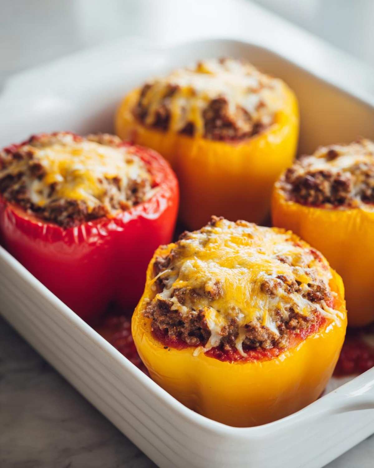 Four baked Cheesy Ground Beef Stuffed Peppers, featuring yellow and red peppers topped with melted cheese.