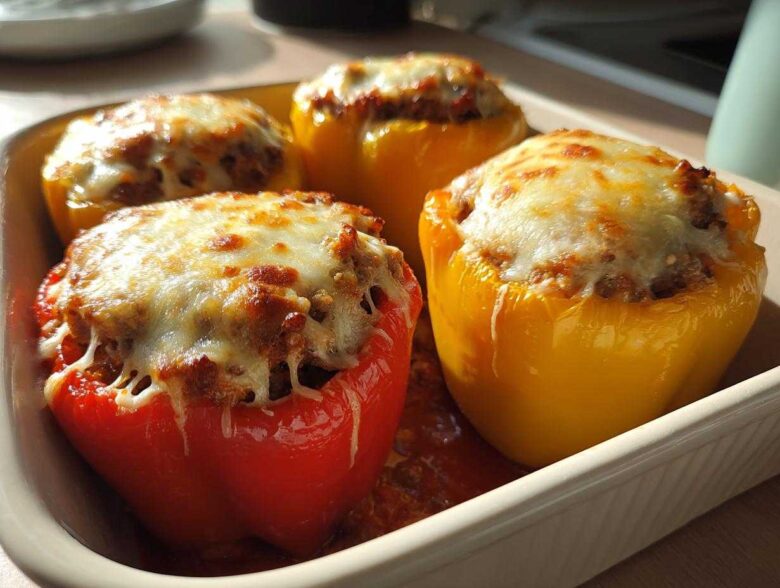 Four baked Cheesy Ground Beef Stuffed Peppers, topped with melted, browned cheese, in a baking dish.