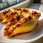 Close-up of two baked jumbo pasta shells filled with cheesy ground beef mixture for Cheesy Ground Beef Stuffed Shells Easy Bake.