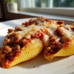 Close-up of two baked jumbo pasta shells filled with ground beef and topped with melted mozzarella cheese for Cheesy Ground Beef Stuffed Shells Easy Bake.