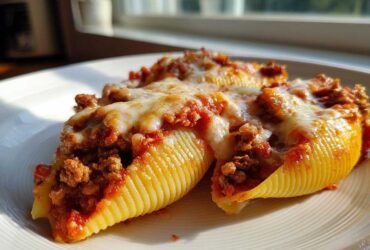 Close-up of two baked jumbo pasta shells filled with ground beef and topped with melted mozzarella cheese for Cheesy Ground Beef Stuffed Shells Easy Bake.