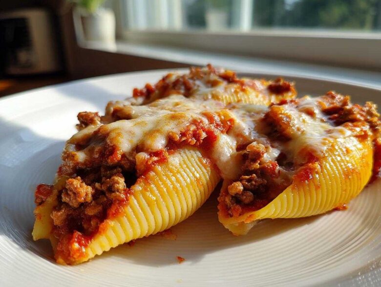 Close-up of two baked jumbo pasta shells filled with ground beef and topped with melted mozzarella cheese for Cheesy Ground Beef Stuffed Shells Easy Bake.