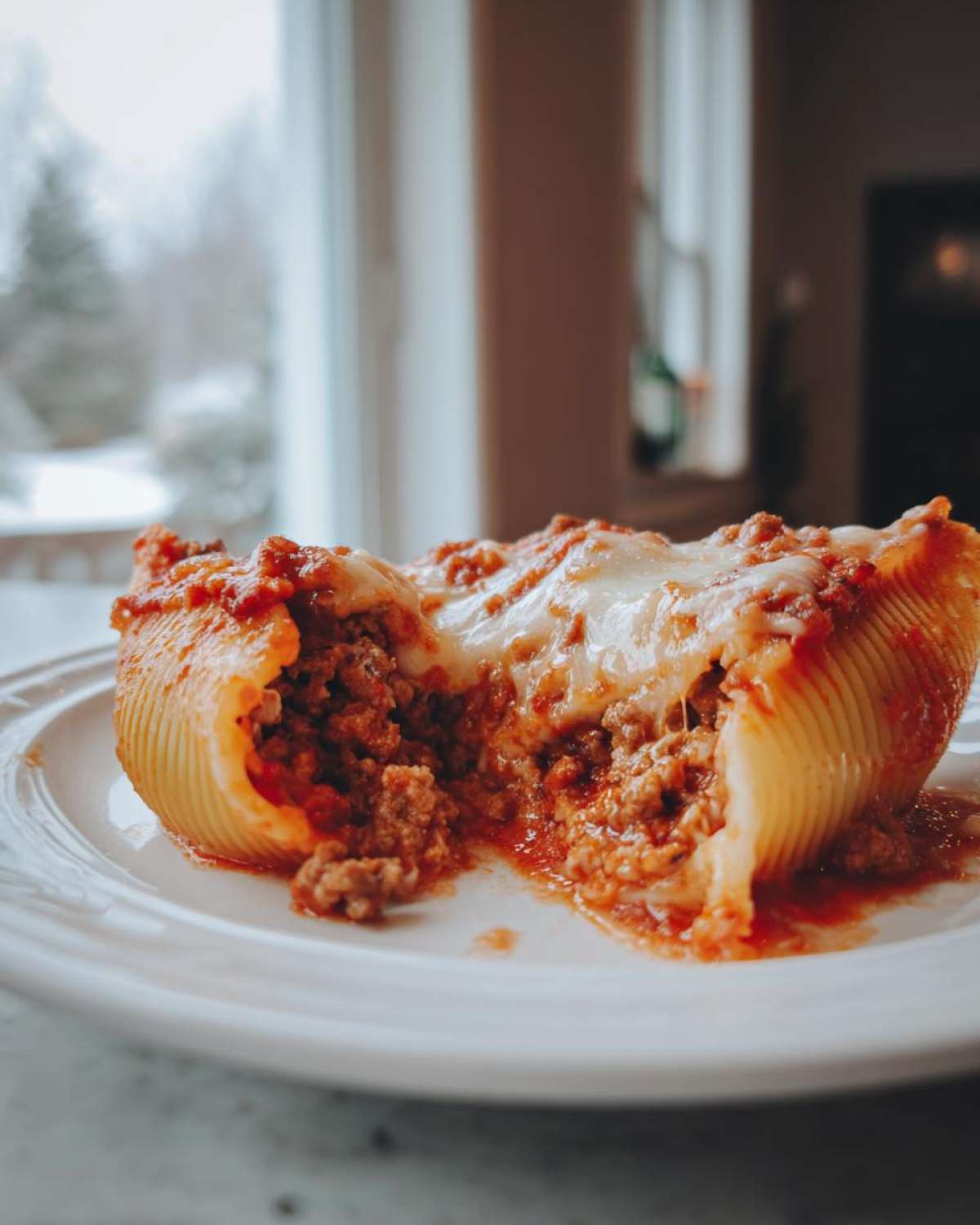 A close-up of a single serving of Cheesy Ground Beef Stuffed Shells Easy Bake, cut open to show the filling.
