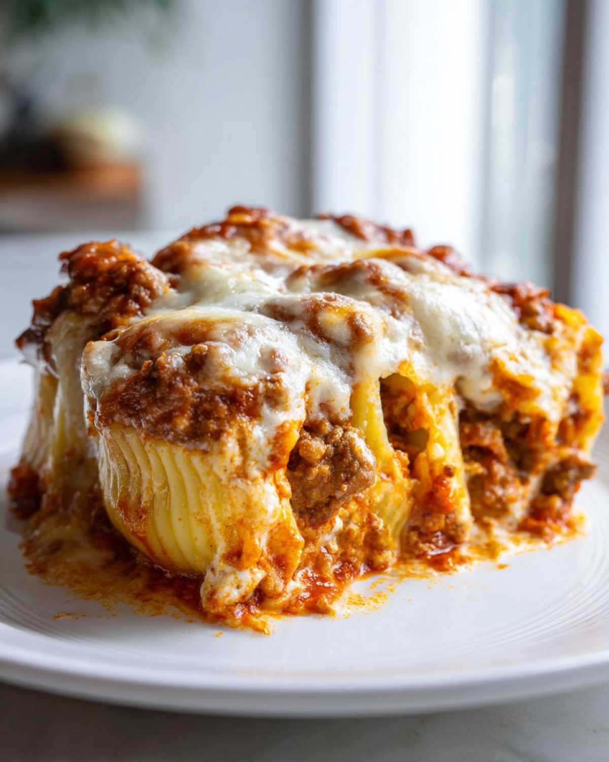 Close-up of a portion of Cheesy Ground Beef Stuffed Shells Easy Bake covered in melted mozzarella and rich meat sauce.