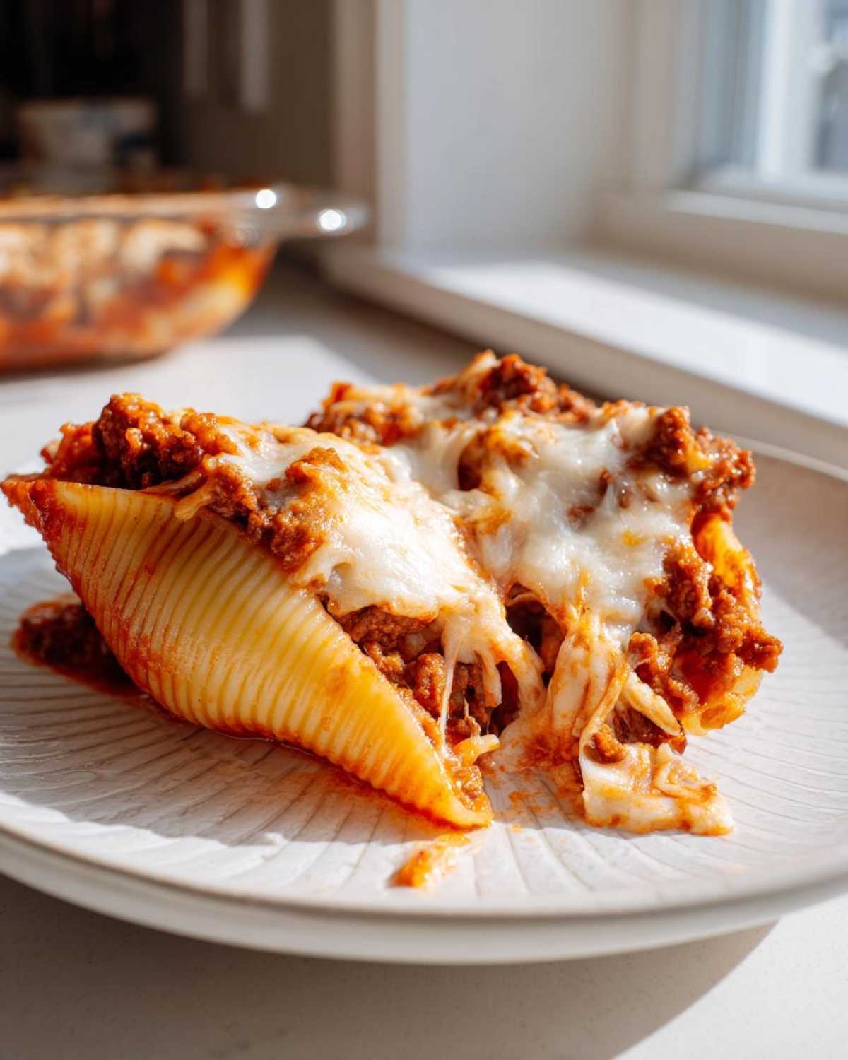 Two cheesy ground beef stuffed shells with melted mozzarella cheese served on a white plate.