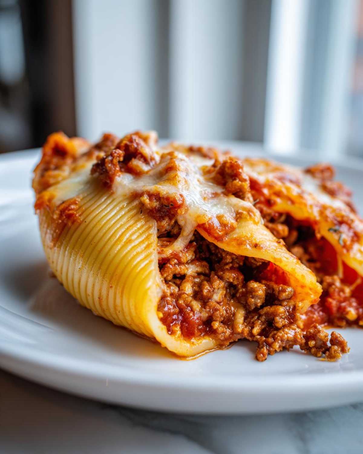 Close-up of Cheesy Ground Beef Stuffed Shells Easy Bake served on a white plate.