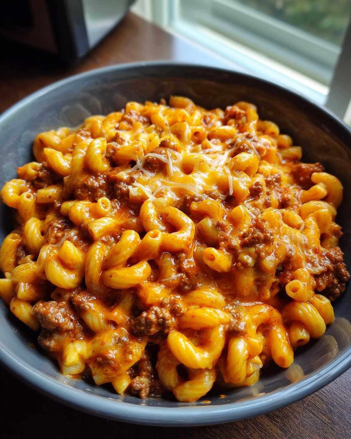 Close-up of a bowl filled with Cheesy Taco Pasta One Pot Dinner Idea, featuring macaroni pasta, seasoned ground beef, and melted cheese.