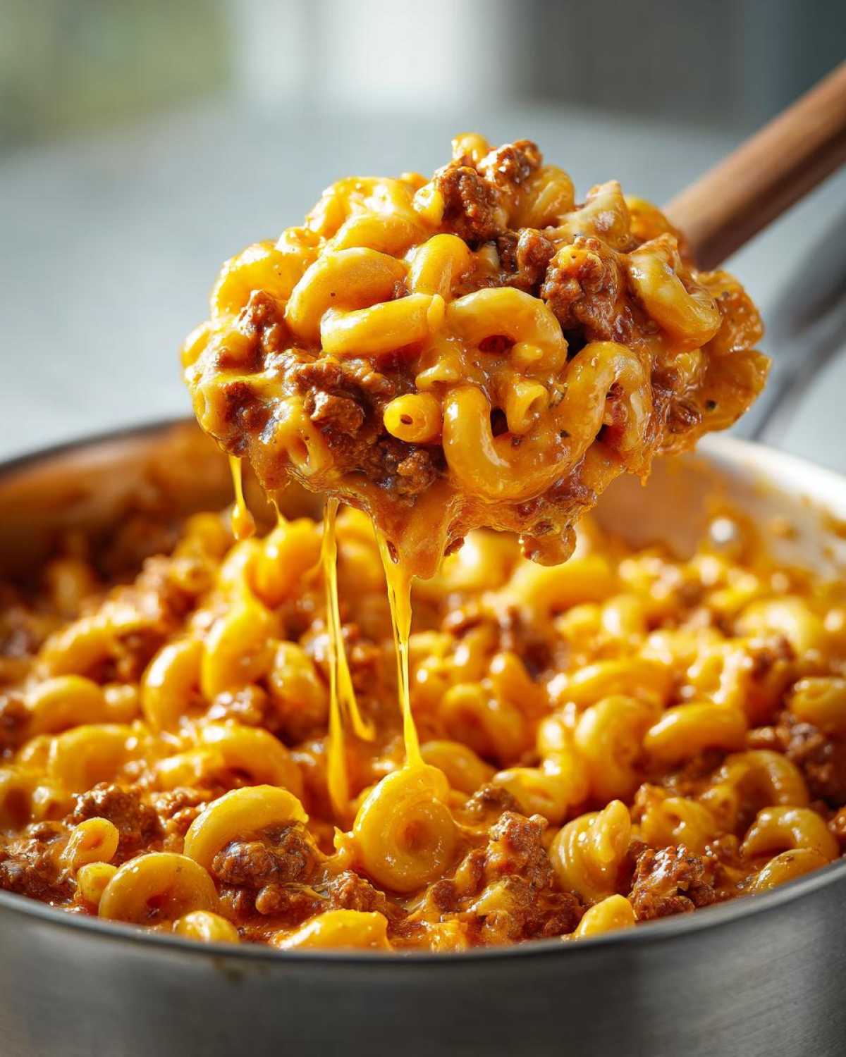 A wooden spoon lifting a scoop of Cheesy Taco Pasta One Pot Dinner Idea, showing melted cheese stretching between the spoon and the pot.