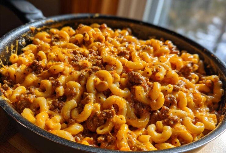 Close-up of Cheesy Taco Pasta One Pot Dinner Idea cooked in a black skillet, featuring elbow macaroni, ground meat, and melted orange cheese.