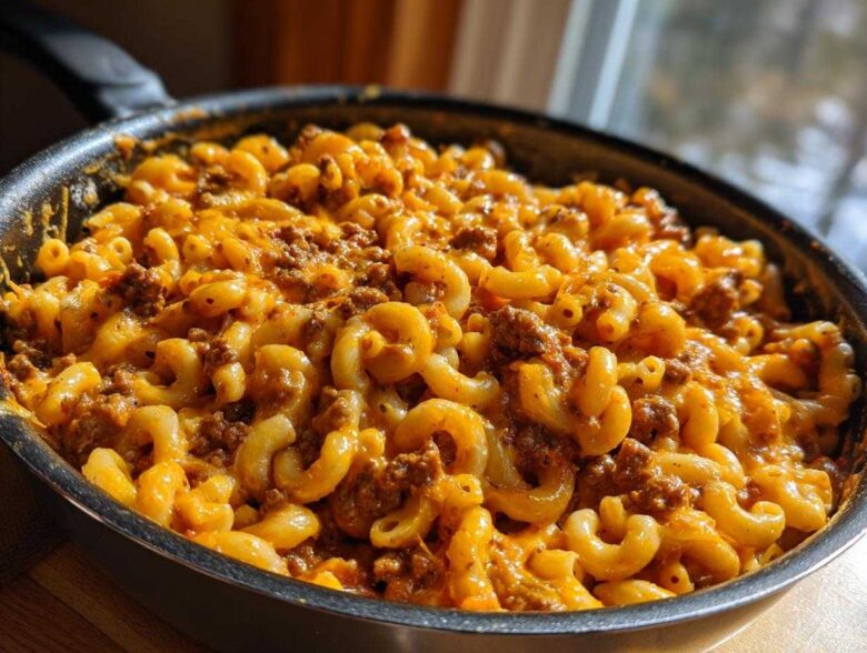 Close-up of Cheesy Taco Pasta One Pot Dinner Idea cooked in a black skillet, featuring elbow macaroni, ground meat, and melted orange cheese.
