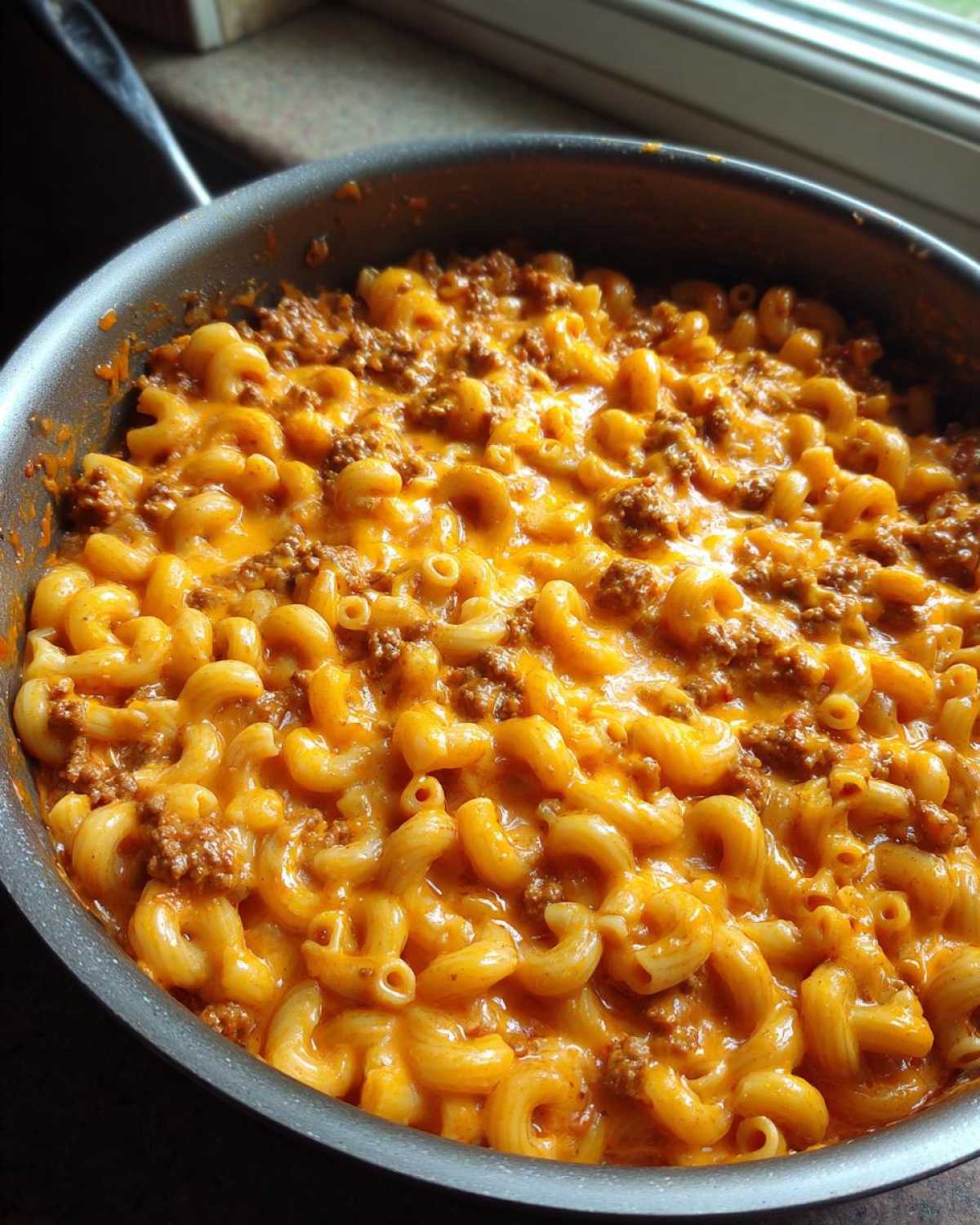 Close-up of Cheesy Taco Pasta One Pot Dinner featuring elbow macaroni, seasoned ground beef, and melted orange cheese in a skillet.