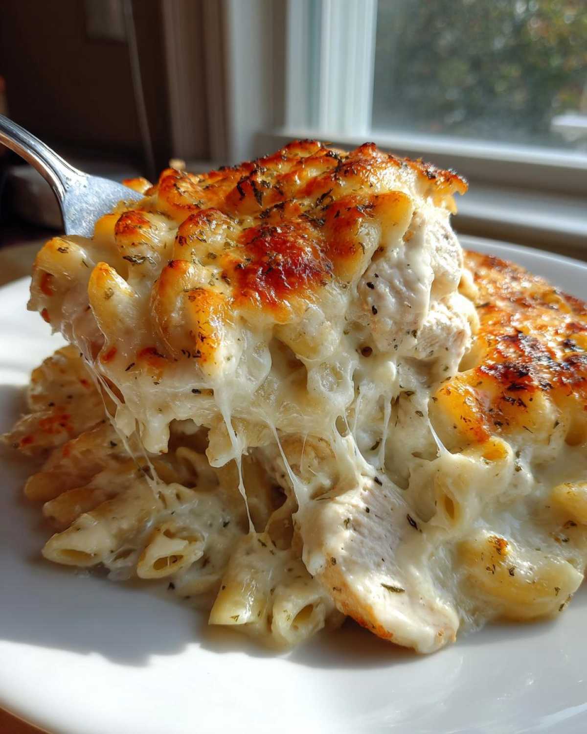 A fork lifting a serving of Creamy Alfredo Chicken Bake, showing extreme cheese pull and a golden-brown top.