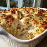 A close-up of a bubbly, cheesy Creamy Alfredo Chicken Bake Easy Comfort Meal in a white baking dish, topped with browned cheese and parsley.