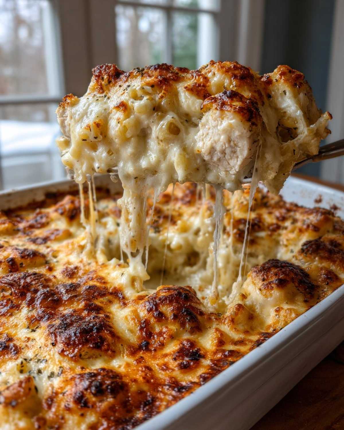 A serving spoon lifts a portion of Creamy Alfredo Chicken Bake showing extreme cheese pull and browned top.