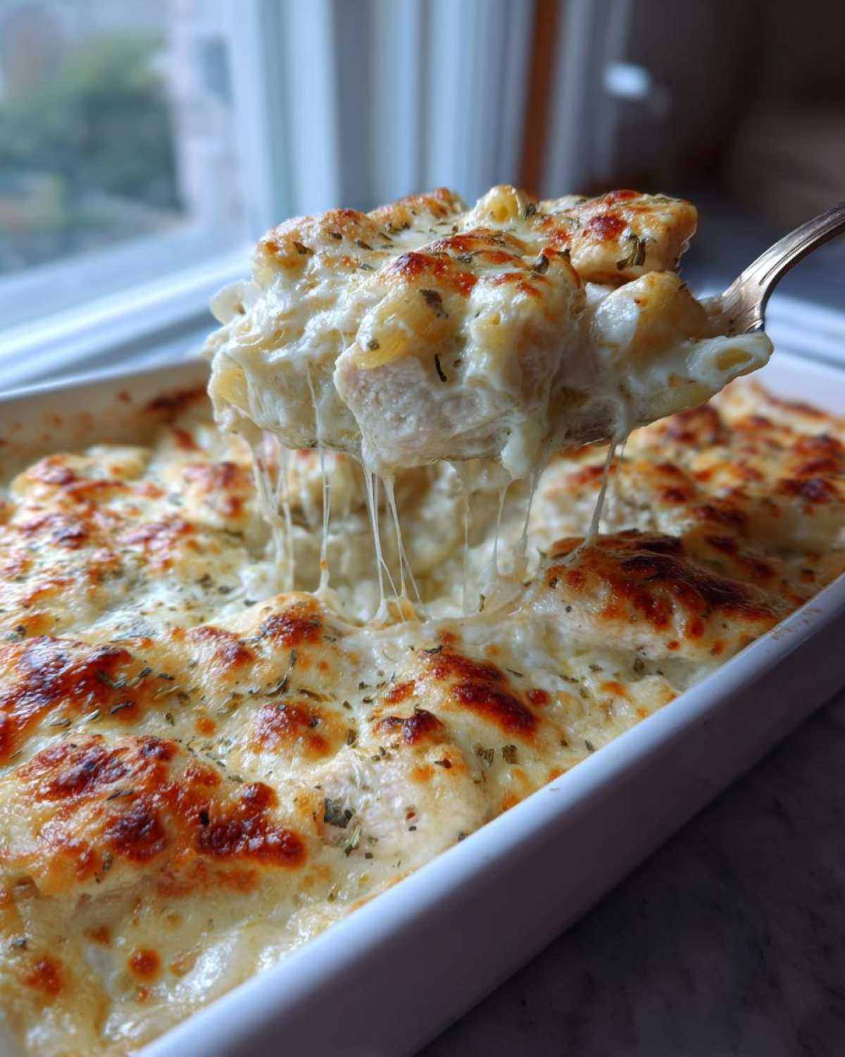 A spoonful of Creamy Alfredo Chicken Bake showing extreme cheese pull over the casserole dish.