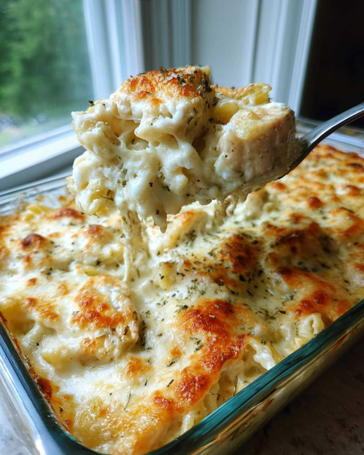 A spoonful of cheesy, creamy Alfredo chicken bake being lifted from a glass baking dish.