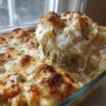 A spoonful of creamy Alfredo chicken bake showing cheese pull, lifted from a glass baking dish.