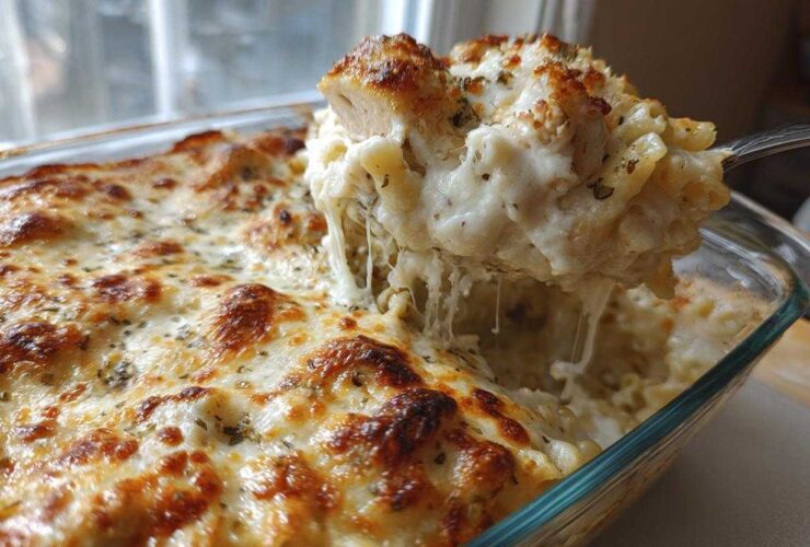 A spoonful of creamy Alfredo chicken bake showing cheese pull, lifted from a glass baking dish.