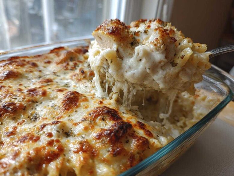 A spoonful of creamy Alfredo chicken bake showing cheese pull, lifted from a glass baking dish.