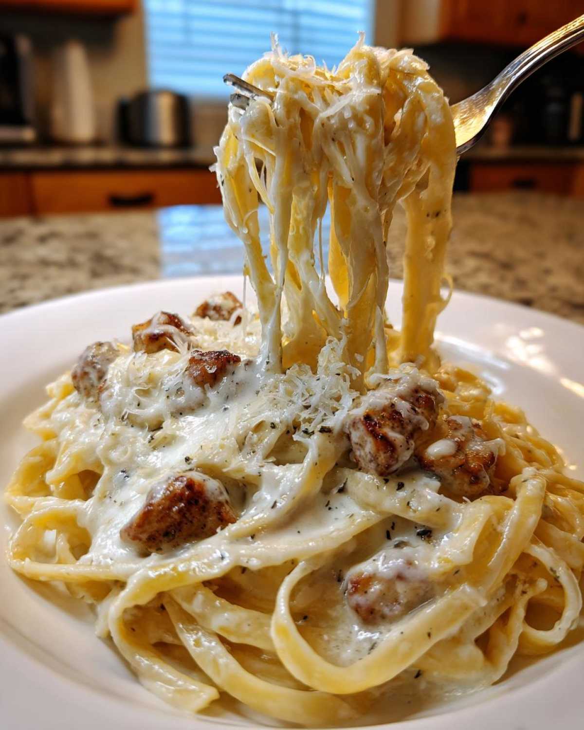 A fork lifting fettuccine noodles coated in creamy sauce from a plate of Creamy Alfredo Chicken Pasta Easy Recipe.