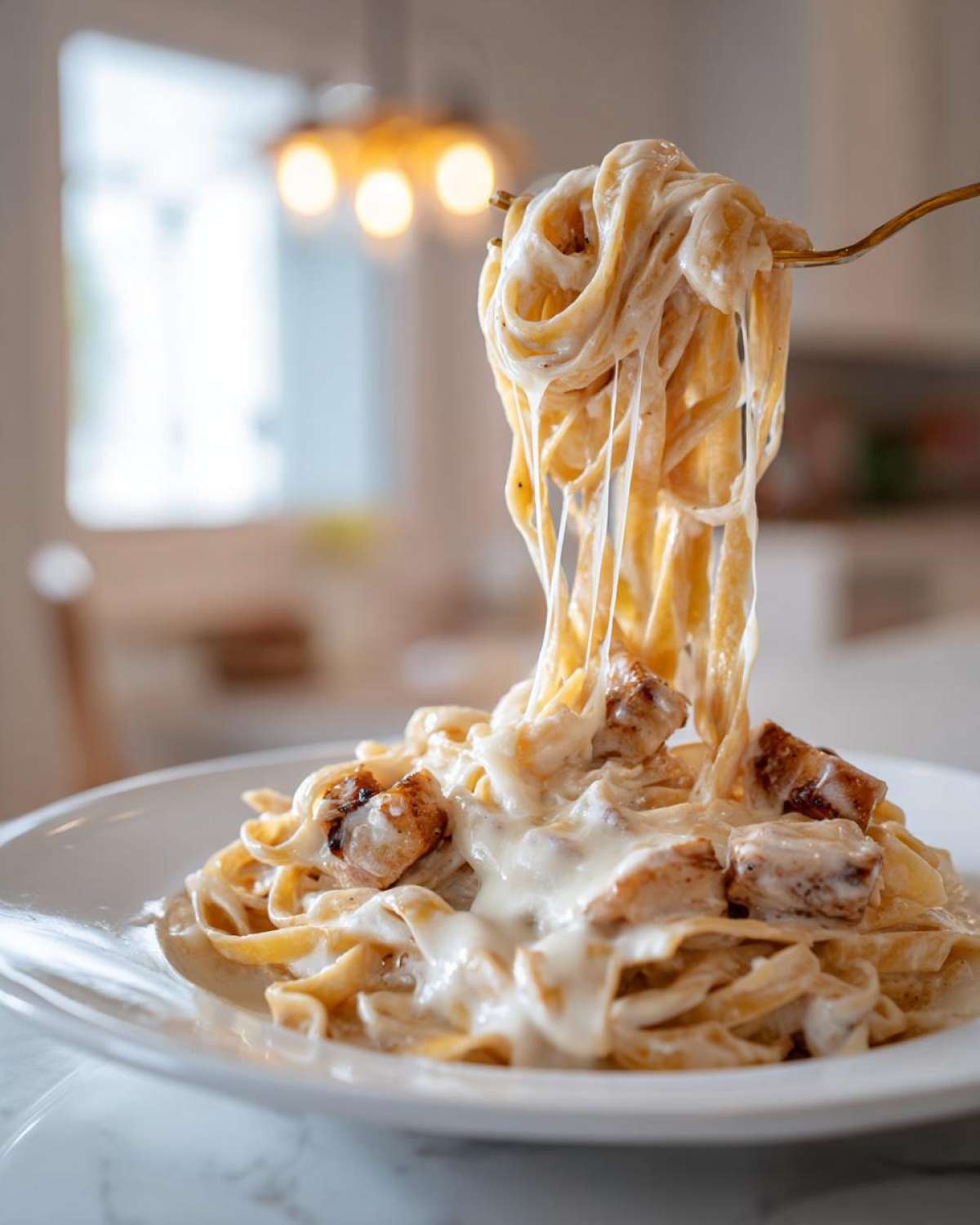 A fork lifts fettuccine noodles coated in rich sauce from a plate of Creamy Alfredo Chicken Pasta Easy Recipe.
