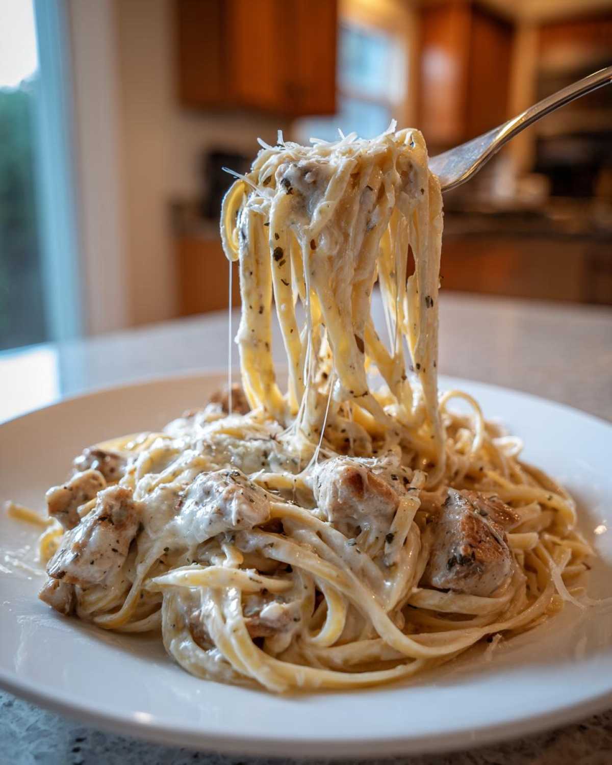 A fork lifts a twirl of fettuccine from a plate of Creamy Alfredo Chicken Pasta, showing cheese stretching between the fork and the dish.