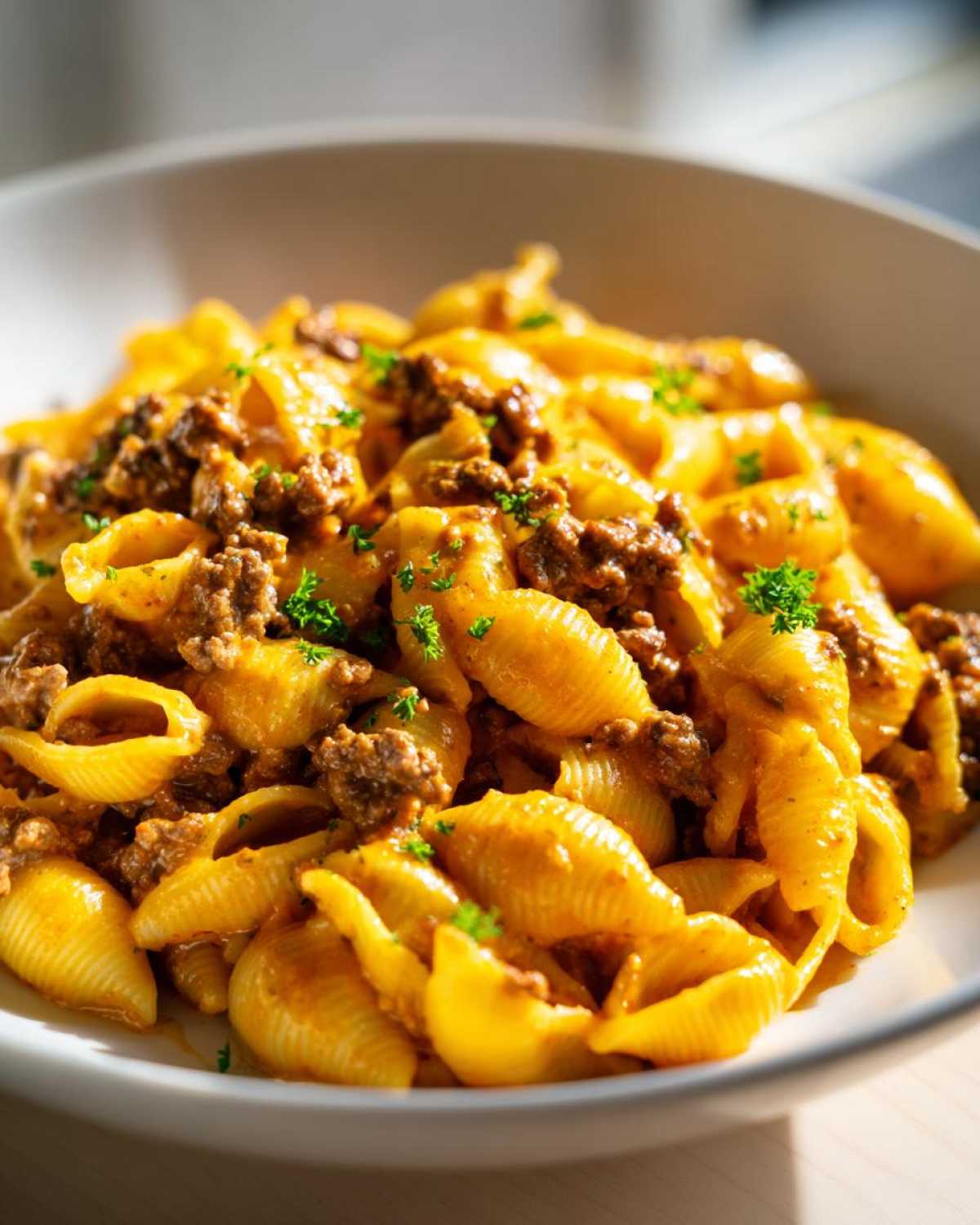 A close-up of a bowl filled with rich, cheesy Creamy Beef and Shells Pasta, garnished with fresh parsley.