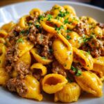 A close-up of a bowl of Creamy Beef and Shells Pasta Quick Dinner, topped with ground beef sauce and fresh parsley.