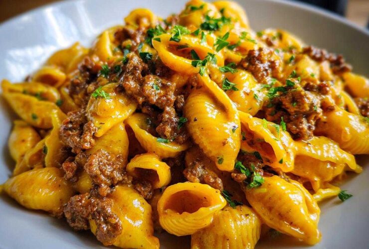 A close-up of a bowl of Creamy Beef and Shells Pasta Quick Dinner, topped with ground beef sauce and fresh parsley.