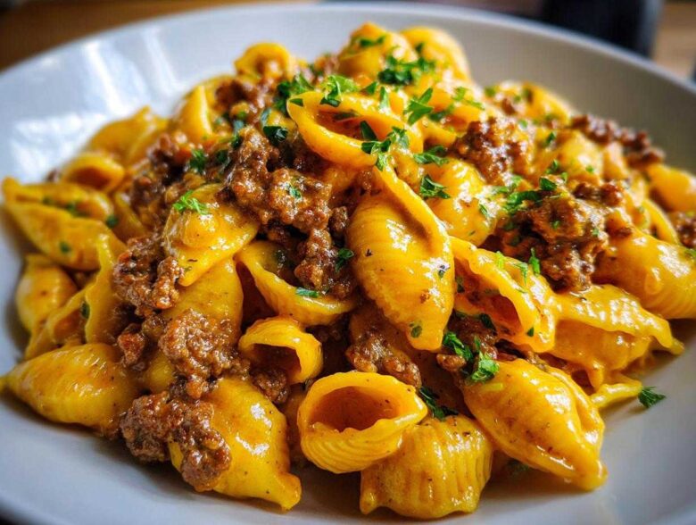 A close-up of a bowl of Creamy Beef and Shells Pasta Quick Dinner, topped with ground beef sauce and fresh parsley.