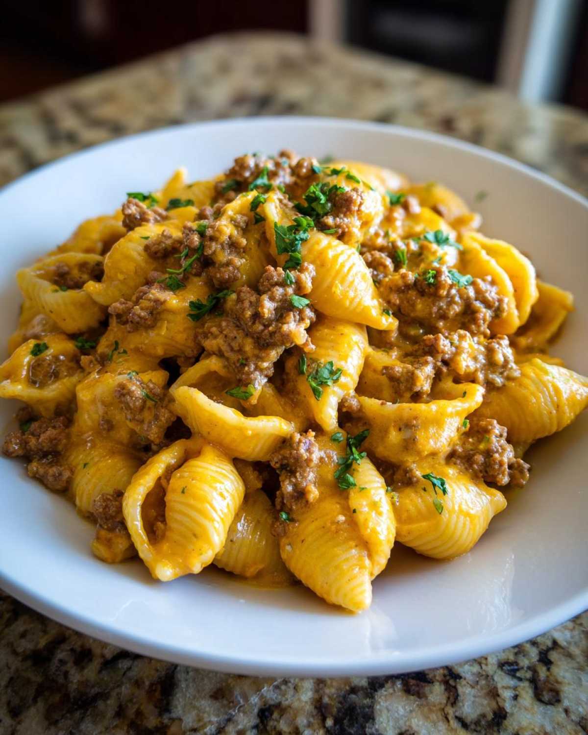 Close-up of a white bowl filled with creamy beef and shells pasta, topped with ground beef and parsley.