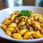A close-up of a bowl filled with rich, cheesy Creamy Beef and Shells Pasta Quick Dinner, garnished with fresh parsley.