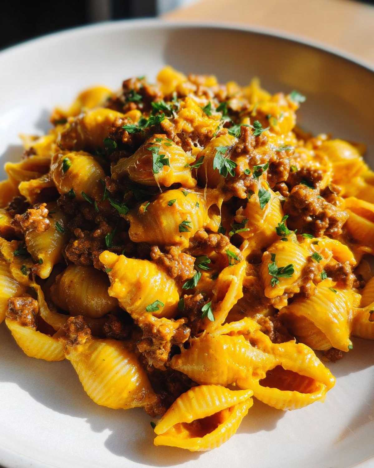 A close-up of a bowl of Creamy Beef and Shells Pasta Quick Dinner, featuring shell pasta coated in a rich orange sauce and ground beef, garnished with parsley.
