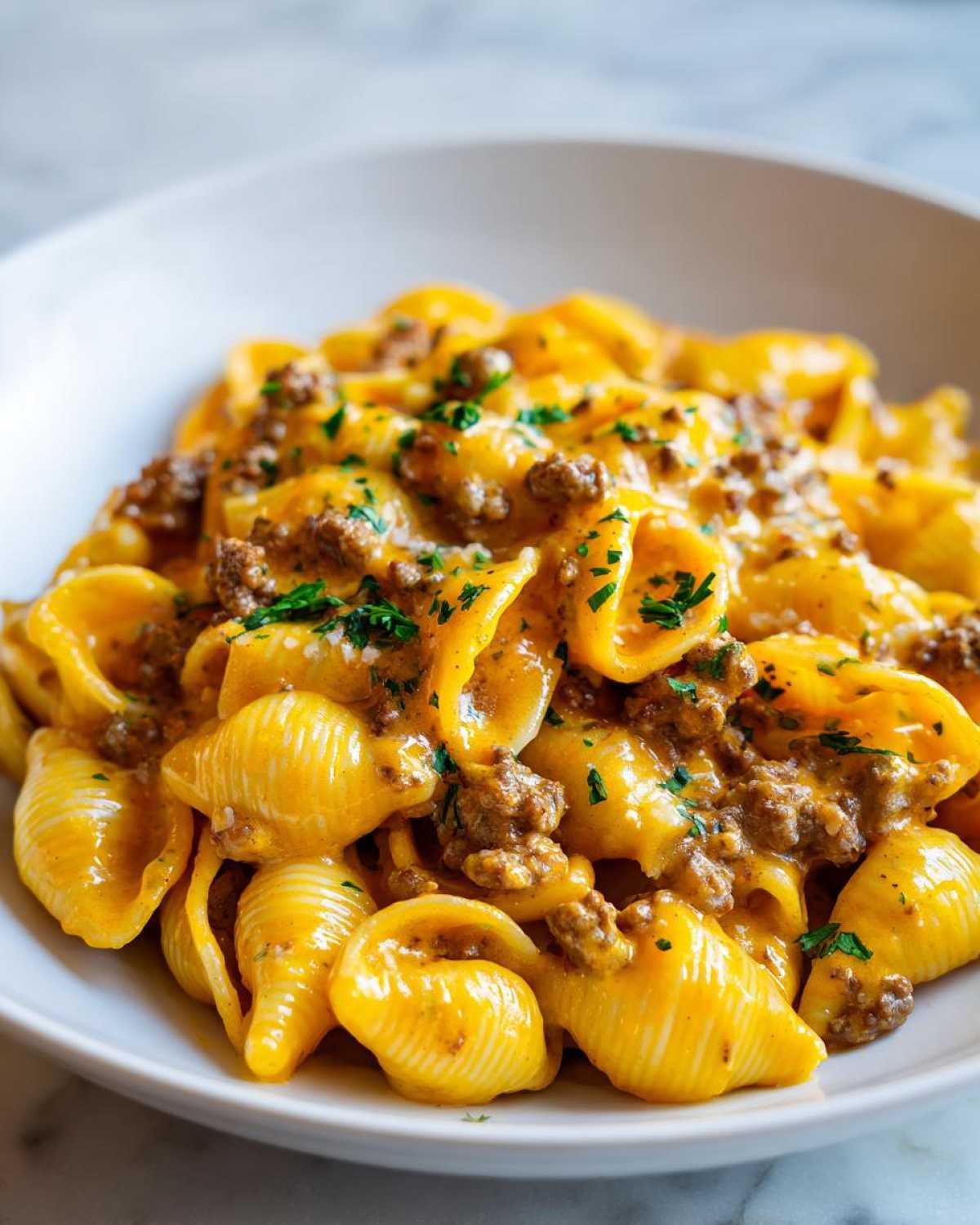A close-up of a white bowl filled with rich, cheesy Creamy Beef and Shells Pasta, topped with ground beef and fresh parsley.