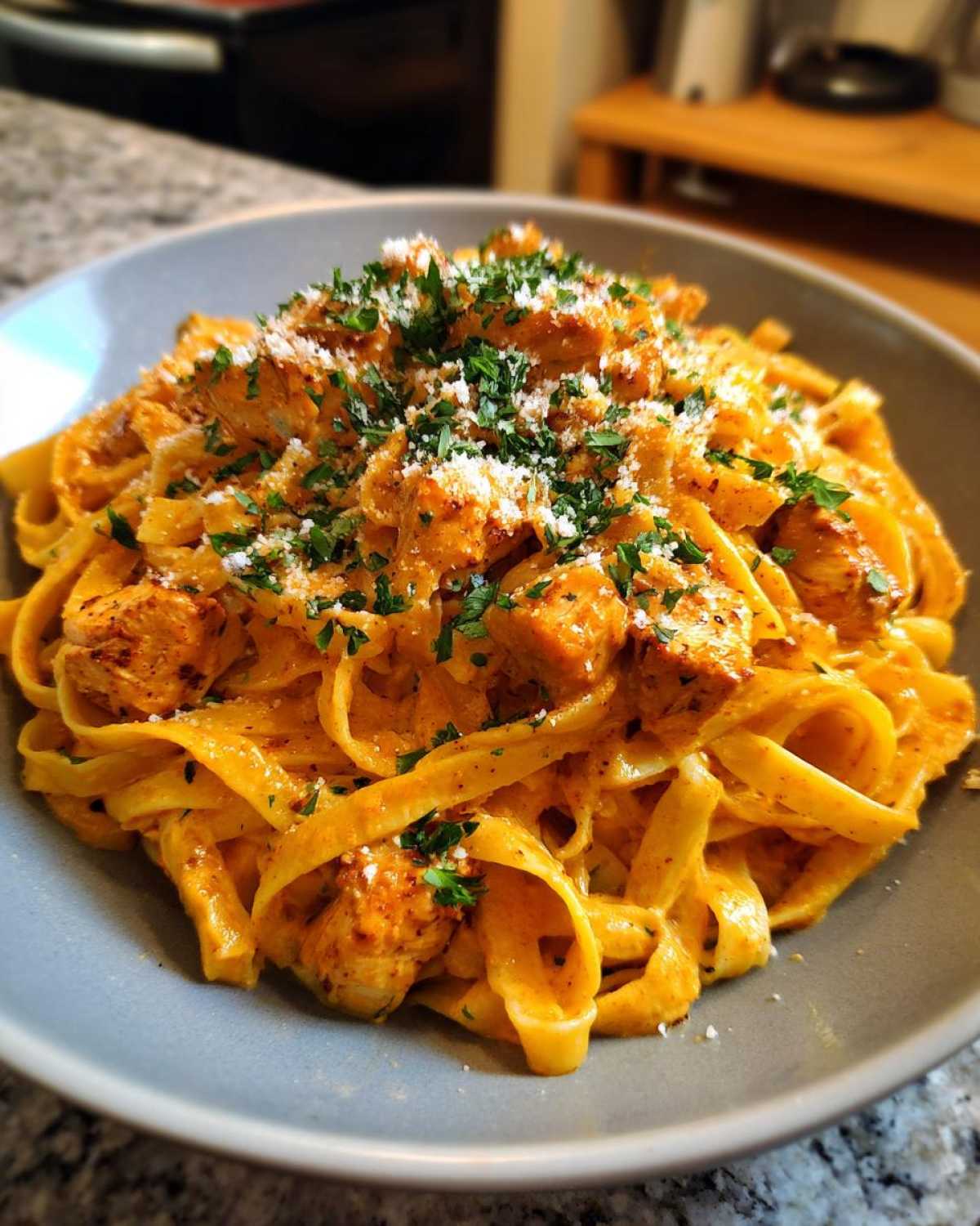 A close-up of a bowl of Creamy Cajun Chicken Alfredo pasta topped with Parmesan and parsley.