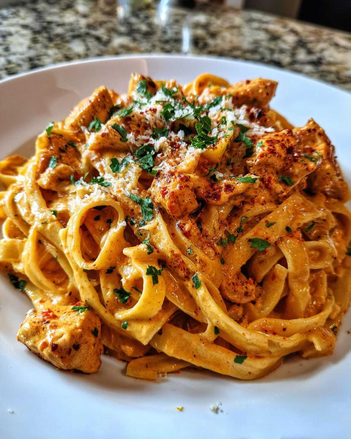 Close-up of a plate of Creamy Cajun Chicken Alfredo featuring fettuccine noodles coated in a rich, orange sauce.