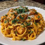 Close-up of a bowl of Creamy Cajun Chicken Alfredo pasta topped with fresh parsley and grated cheese.